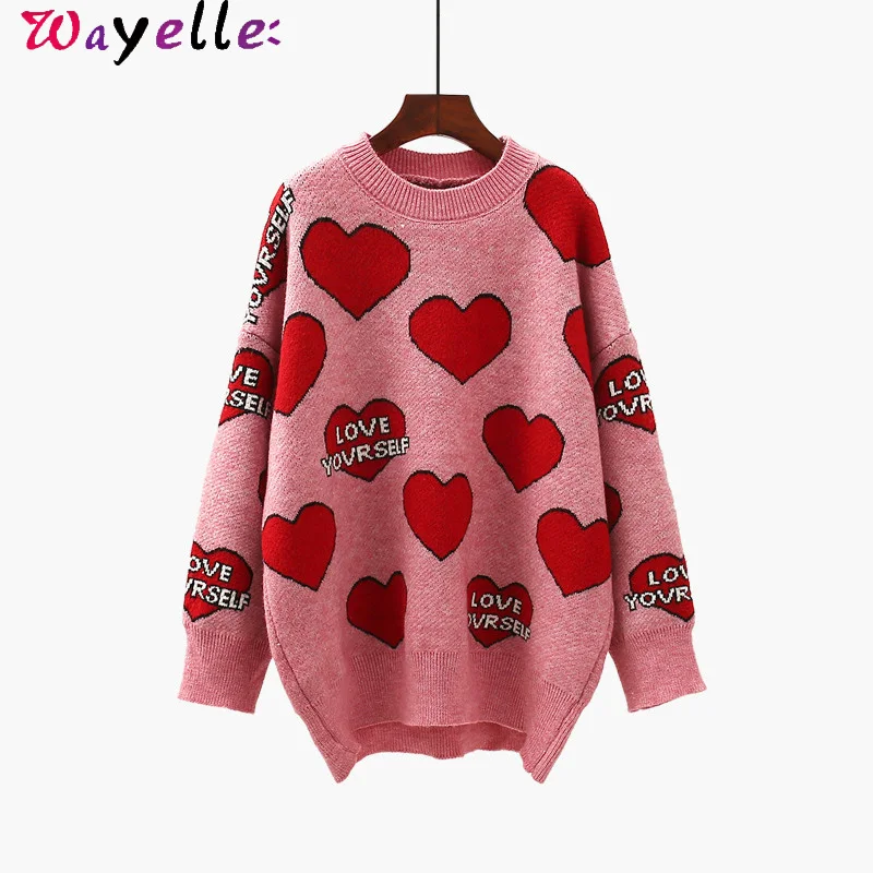 

Women Oversized Turtleneck Sweater Pullovers Oneck Sweet Heart Letters Printed Pull Jumper Long SLeeve Pink Streetwear Knit Top