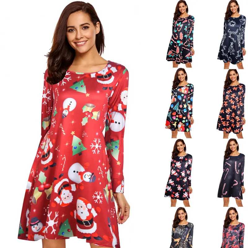 Fall 2020 Women Clothing dress Christmas Dress Print Long Sleeve Slim A-Line Midi Female Casual Big Size Dresses |