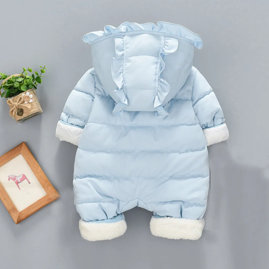 Высокая Качественный Хлопок Зимняя одежда для малышей, флисовые теплые детские ползунки Мягкий комбинезон для новорожденных, для девочек, капюшон с оборкой, одежда для детей