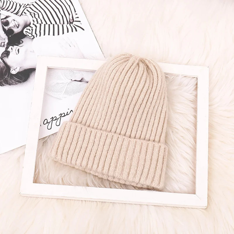 Бежевый Однотонные шерстяные вязаные шапки, повседневная шапка, теплая женская мягкая утолщенная шапка, вязаная шапка-носок - Цвет: Бежевый