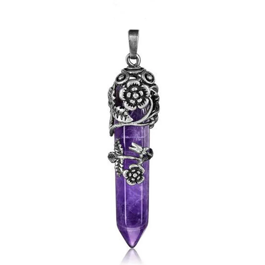 KFT Antique Silver Plated Natural Healing Crystal Quartz Stone Flower Wrapped Hexagon Prism Pendulum Reiki Pendant Jewelry - Image 2