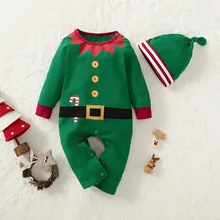 Детский комбинезон для мальчиков и девочек, Рождественский костюм Санта Клауса с круглым вырезом+ Рождественская шапка, детская зимняя одежда зеленый комбинезон с рисунком, D30