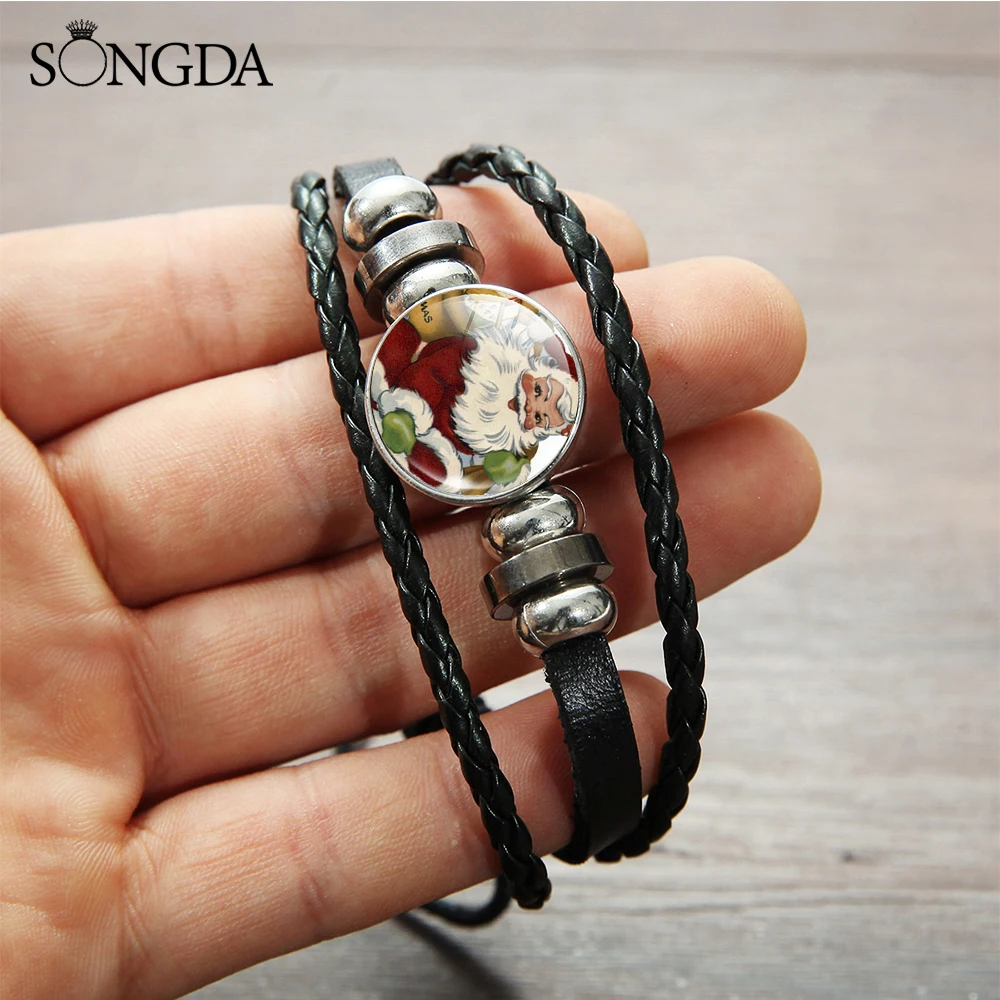 New Arrival Christmas Festival Bracelet Cute Cartoon Santa Claus Glass Gem Braided Leather &amp Bangle Jewelry Gift | Украшения и