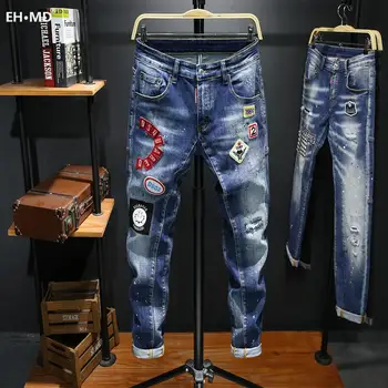 

EH · MD® Hole-lined Printed Letter Jeans Men's Embroidery Splashing Ink Soft Casual Loose Cotton Elastic Trousers Badge Red Ears