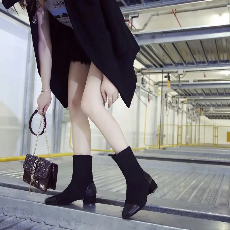 Лоскутные ботинки «Челси» с квадратным носком; botas; Стрейчевые вязаные облегающие Женские носки без застежки; ботинки; сезон весна; черные универсальные тонкие рыцарские ботинки; botines