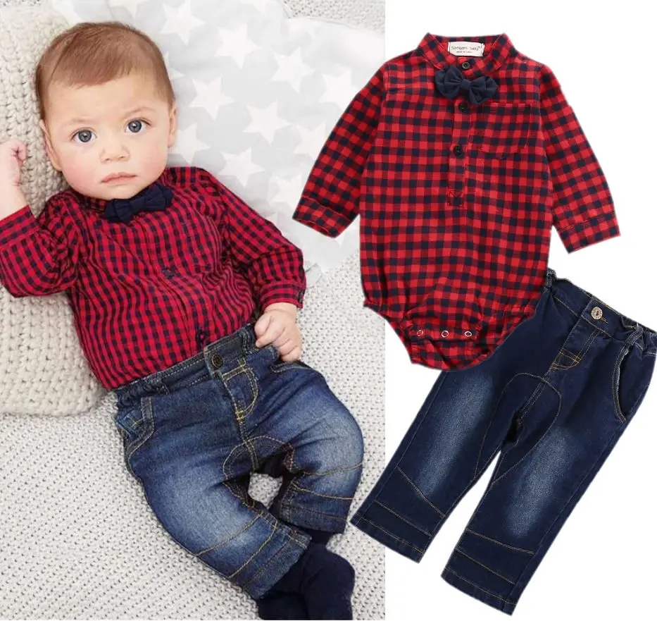 Emmababy весенне-осенняя одежда для новорожденных мальчиков, клетчатый боди с длинными рукавами, топы, джинсы, штаны, комплект одежды из чесаного хлопка для детей 0-18 месяцев, Лидер продаж