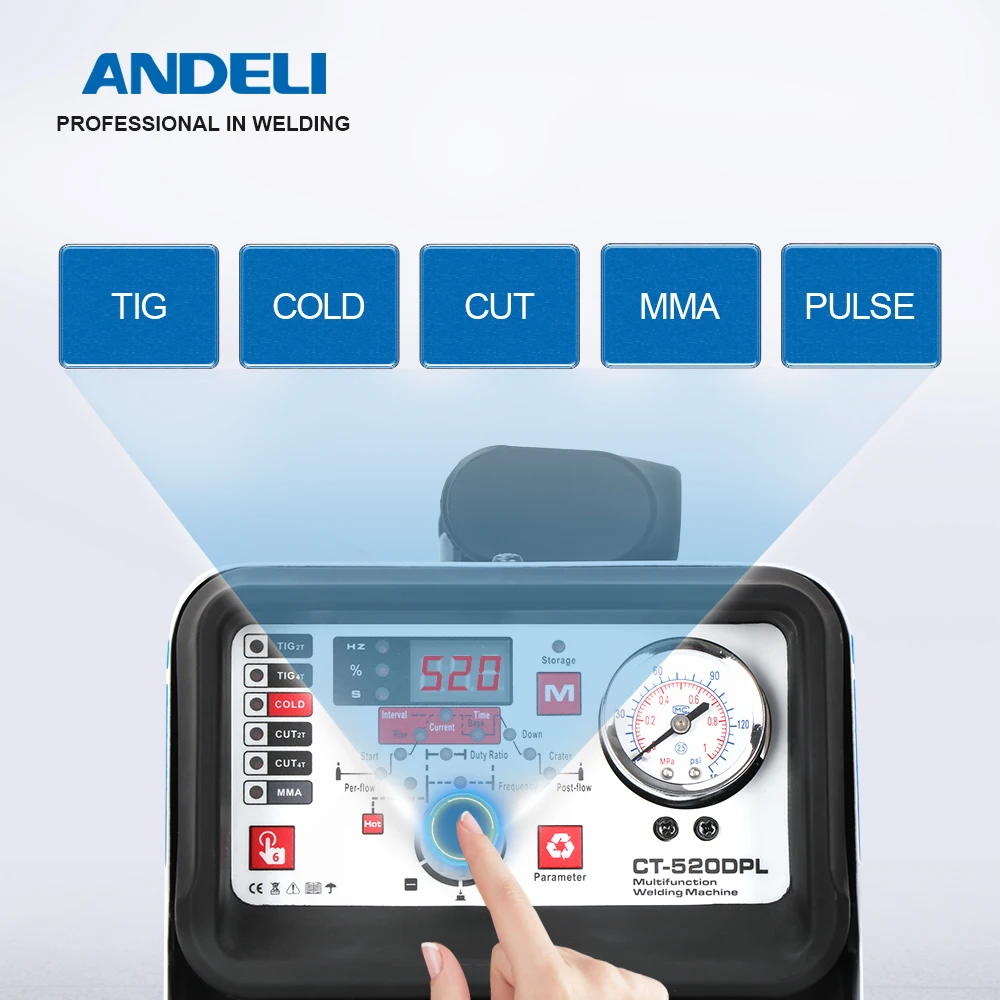 ANDELI TIG Welding Machine CT-520DPL CUT/COLD/TIG/MMA/Pulse 5 in 1 220V TIG Welder Built-in Oil-water Separator Gas Regulator,portable welder,electric welder,mini welder
