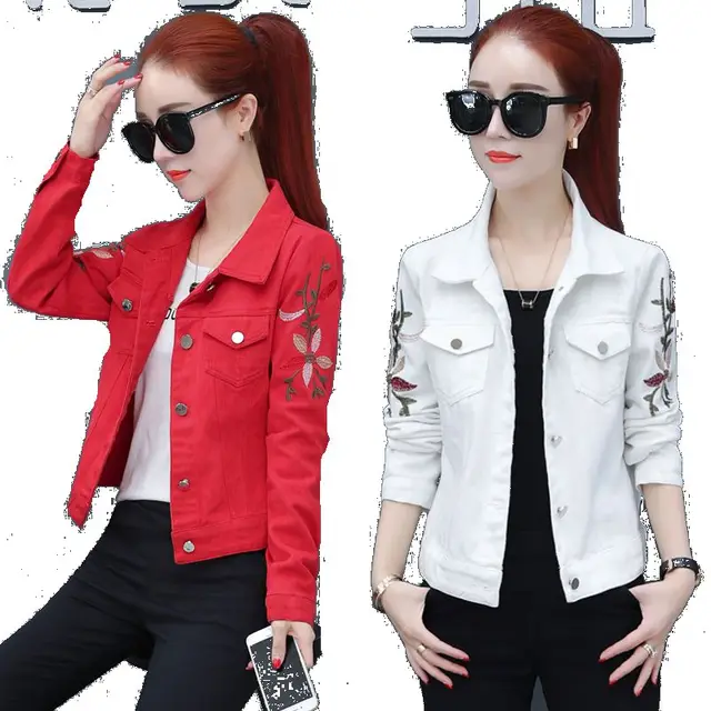 Korean Slim White Red Denim Jacket Women Embroidered Long Sleeve Coat Female Spring Cropped Jean Jackets Plus Size Manteau Femme 1