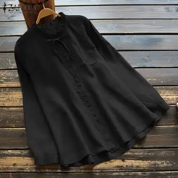 

2020 Vintage Women Ruffles O Neck Bow Tie Shirts ZANZEA Ladies Buttons Down Blouses Solid Work White Tunic Tops Cotton Blusas