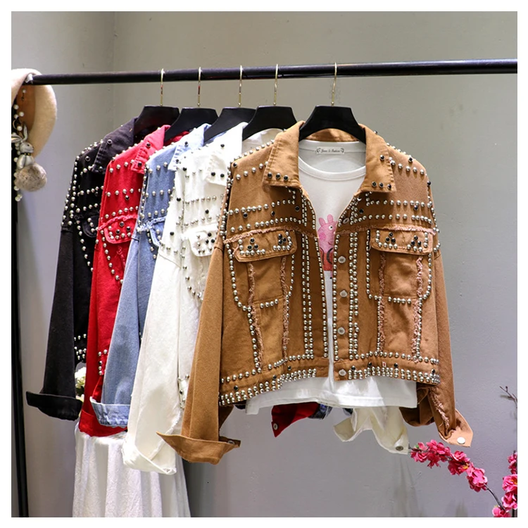 Comprare Giacca Donne 2019 Autunno A Mano Rivet Studded Giacca di Jeans Outwear Femminile Nuovi Studenti casual Brevi Jeans Cappotti