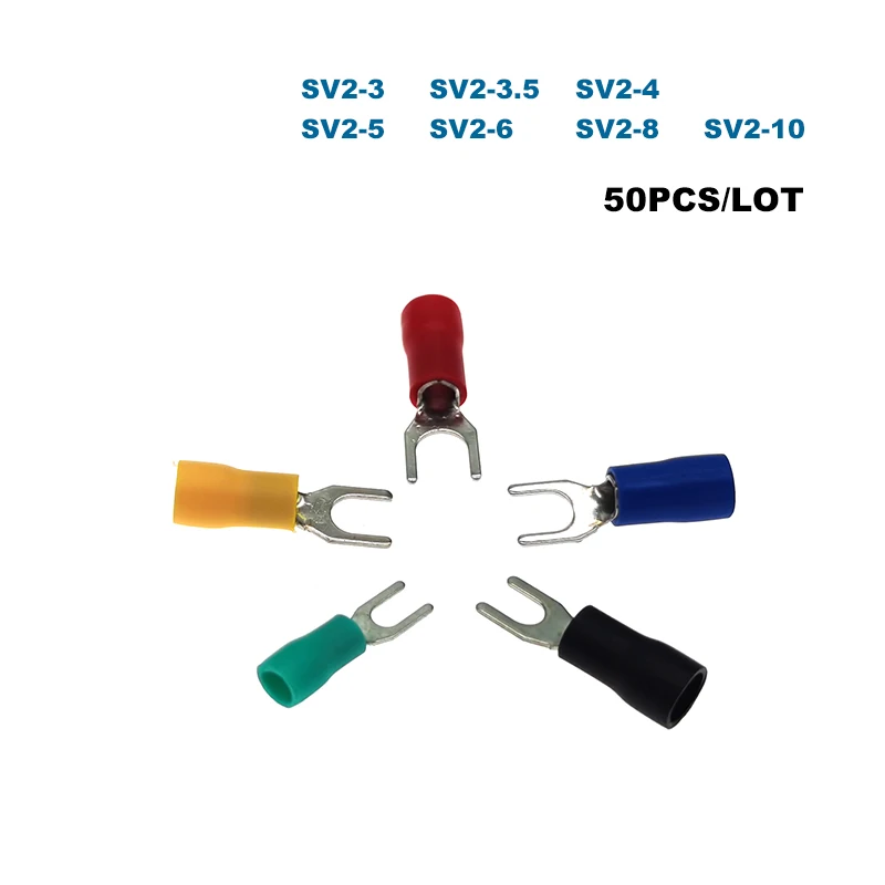 

50Pcs Spade Insulated Crimp Terminals SV2-3/3.5/4/5/6/8/10 Electrical Wire Connector Furcate Cable Ferrules 1.5-2.5mm2 16-14AWG