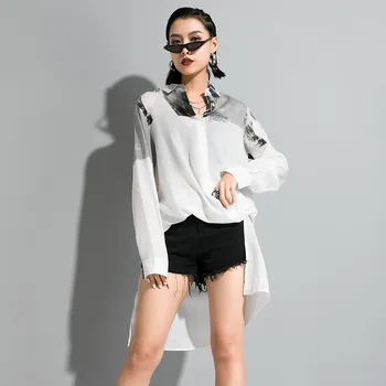 

Korea 2020 fashion Pullover Printing Shirt for women Long Personality Irregular thin style black white blouse spring new YH726