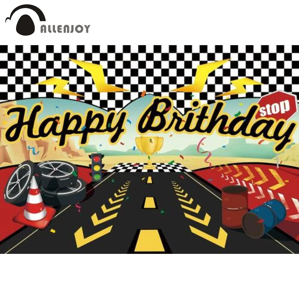 

Allenjoy Happy Birthday Party Background Boy Baby Shower Cartoon Car Theme Racing Track Tire Champion Photography Props Backdrop