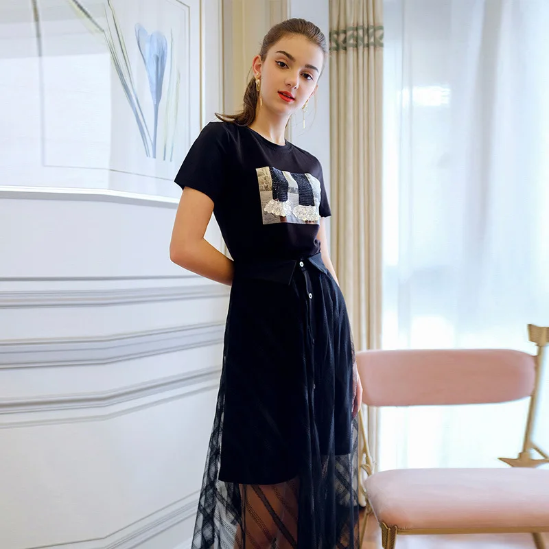 

Ozhouzhan 2019 Spring And Summer New Style Non-mainstream Sequin Printed Mid-length T-shirt + Gauze Western Style Skirt Set
