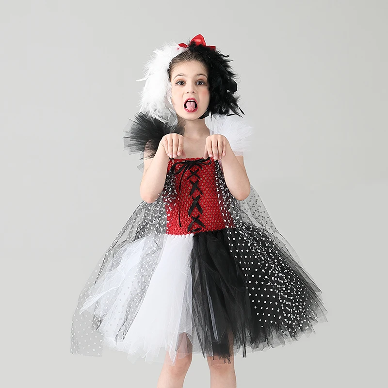Cruella De Vil inspired Girls Tutu Dress with Headband Kids Dalmatians Villain Halloween Costume Polka Dot Children Party Dress (5)