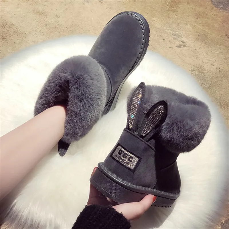 

Winter Plus Velvet Warm Snow Boots Women Shoes Fashion Rabbit Ears Furry Snow Boots Women's Foot Non-slip Sneakers Cotton Shoes