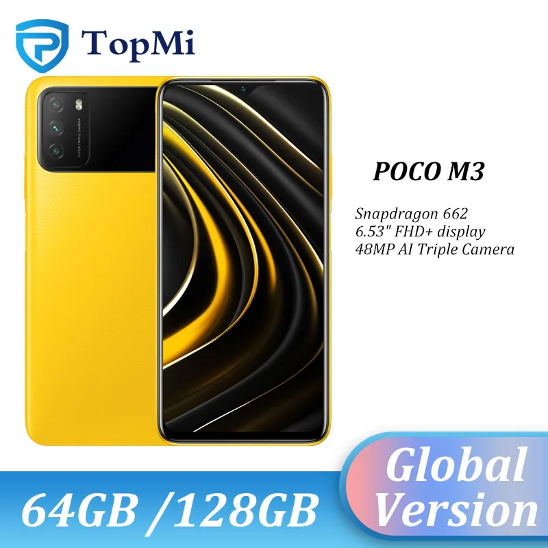 هاتف POCO M3 الذكي الإصدار العالمي لعام 2020 بذاكرة وصول عشوائي 4 جيجابايت وذاكرة قراءة فقط 64 جيجابايت/128 جيجابايت ومعالج سنابدراجون 662 ومعالج ثماني النوى وبطارية 6000 مللي أمبير في الساعة وكاميرا بدقة 48 ميجابكسل