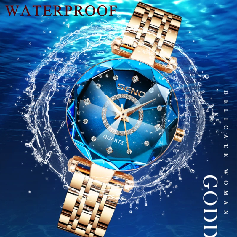 An exquisite design ladies watch with a trendy blue dial and refreshing blue water.