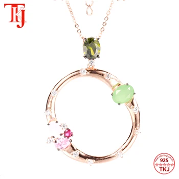 

TKJ Circle Pendant Necklace Emerald Amethyst Zircon 925 Sterling Silver Chain Necklaces For Girls Bridesmaid Gift