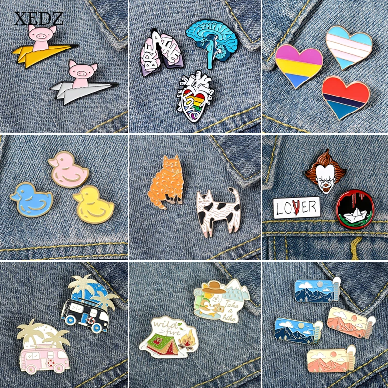 XEDZ Heart Lung Duck Piglet Paper Airplane Clown Orange Cat Cartoon Enamel Brooch Set Fashion Jewelry Gifts | Украшения и