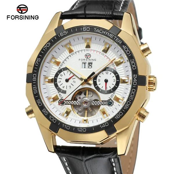 FORSINING Luxury Brand Men Automatic Mechanical Watch Men's Black Leather Band Canlendar Tourbillon Skeleton Wrist Watches - Цвет: 6