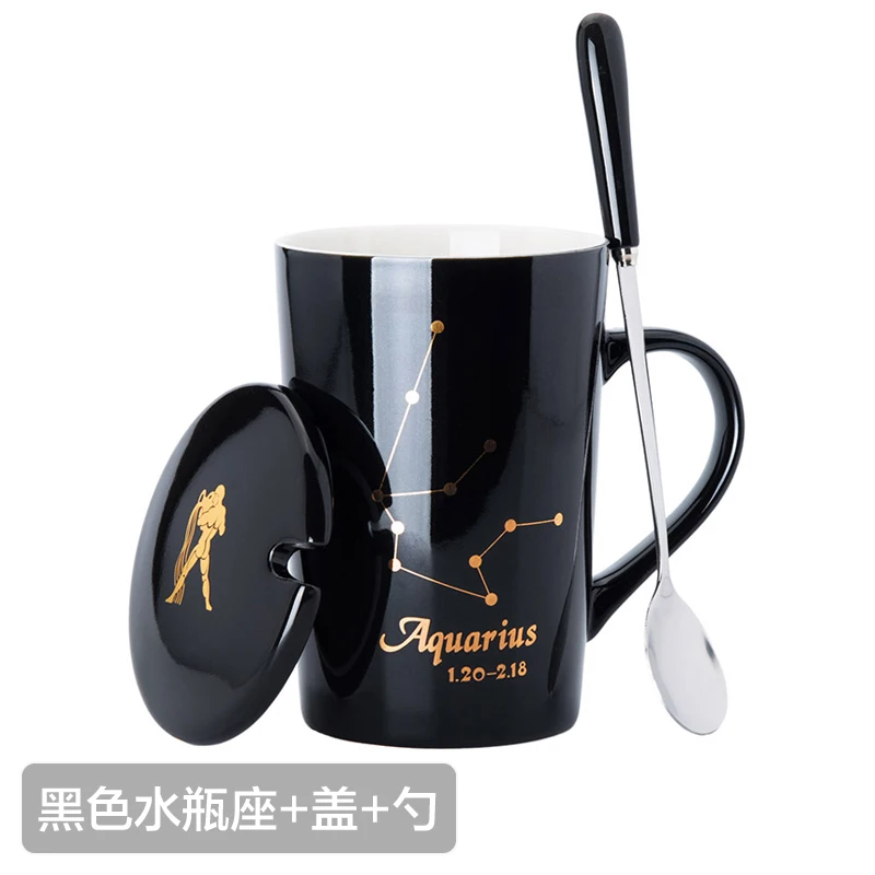 12 Constellations Creative Ceramic Mugs with Spoon Lid Black and Gold Porcelain Zodiac Milk Coffee Cup 420ML Water Drinkware - Цвет: 11