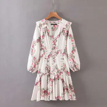 

women floral print dress 2019 fashion girls V-neck lantern full sleeve pleated buttons female French prairie sweet chic dresses