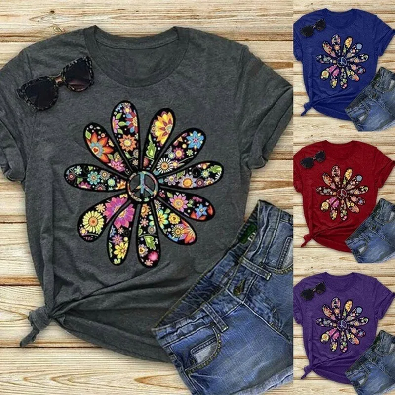 Camiseta con estampado de margaritas y pétalos de colores para Mujer, blusa holgada de manga corta con cuello redondo, ropa para Mujer
