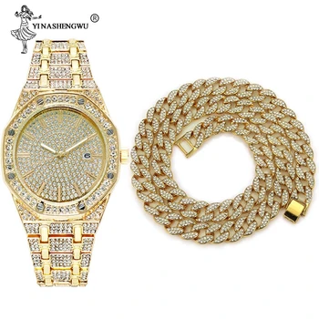 

Hip Hop Miami Curb 15MM Necklace & Watch 1 Set Gold Iced Out Paved Rhinestones CZ Bling Necklaces Cuban Chain Men Rapper Jewelry