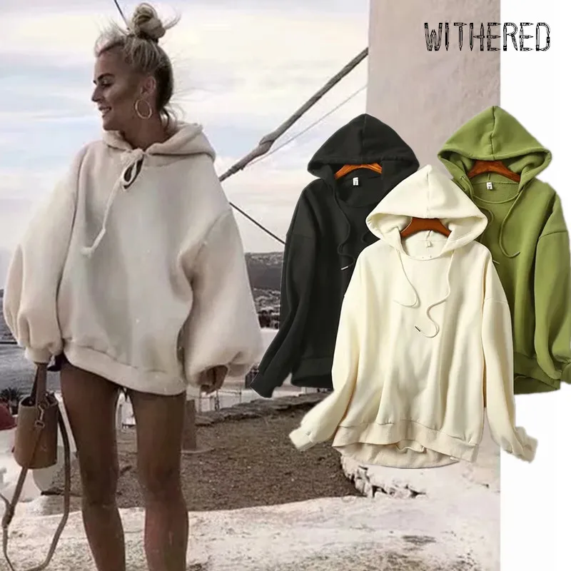 

Withered winter hoodies women fashion blogger vintage oversize boyfriend hooded thick Flocking warm sweatshirt women pullovers