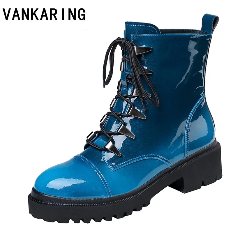 

brand fashion lace-up rivets patent leather autumn winter snow ankle boots for women cozy casual round toe platform work boots