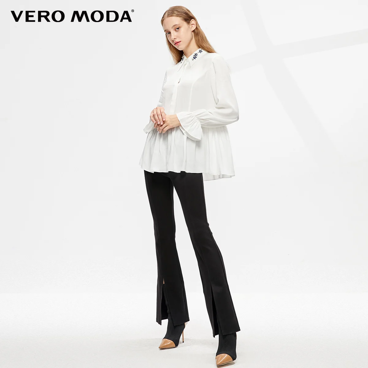 Vero Moda Женская приталенная рубашка с расклешенными рукавами и вышивкой из искусственного жемчуга | 319305538