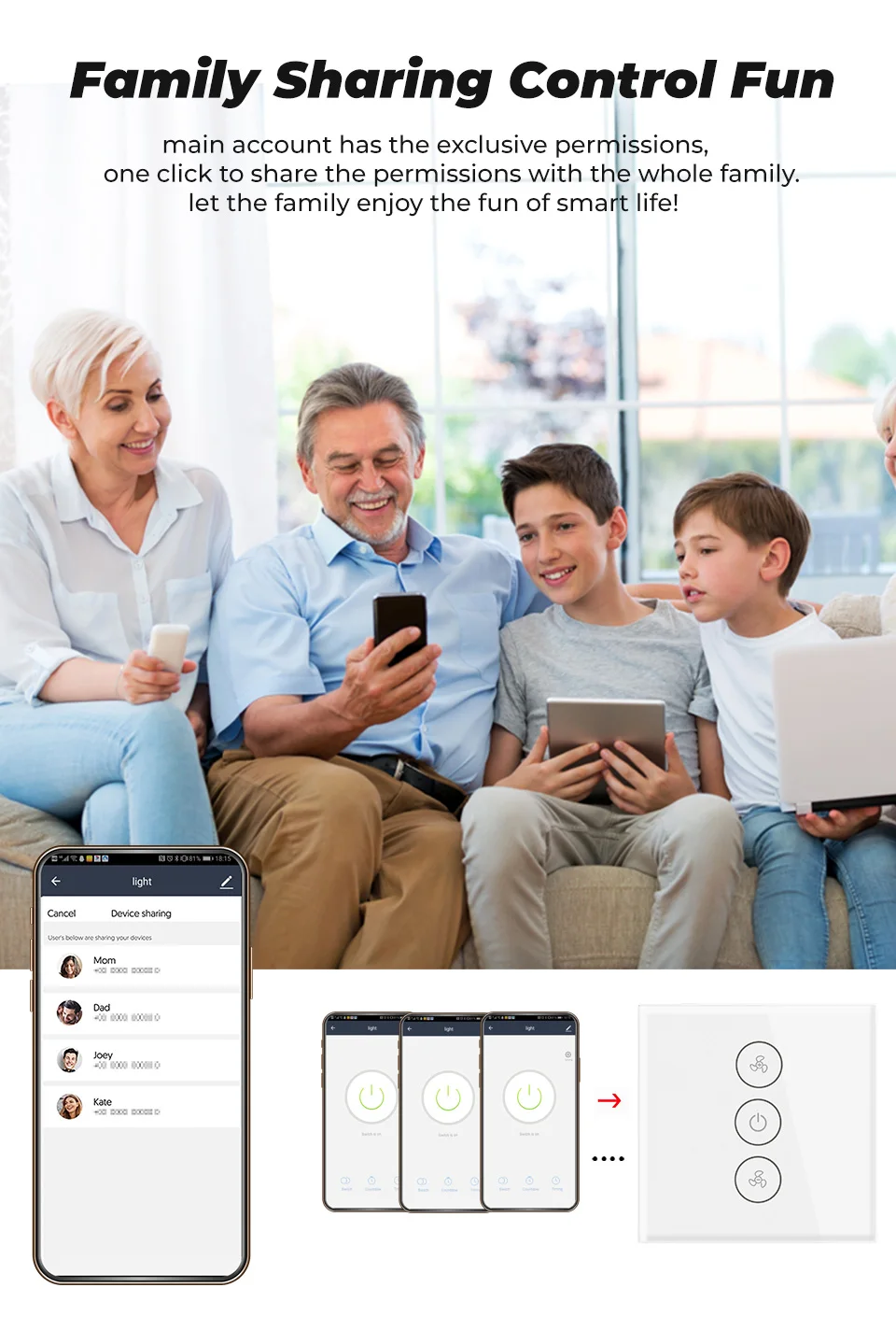 SMATRUL-Tuya Toque WiFi Interruptor Ventilador de Teto,