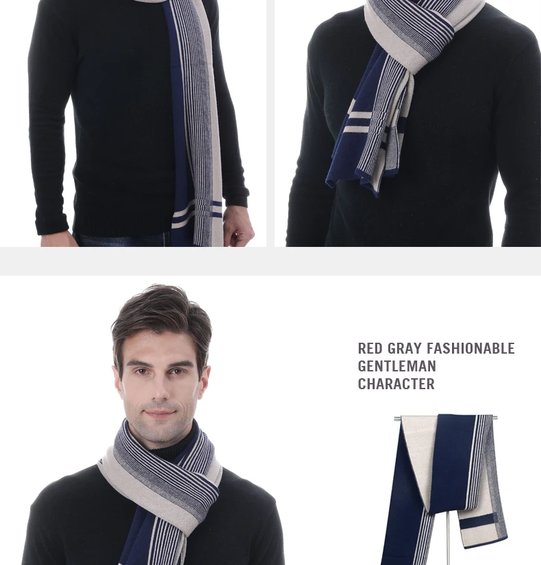 2022 Luxury Brand Korean Style Men Scarf Winter Cashmere Warm Wool Scarves Shawl Grey White Stripe Business Style Scarf men wearing scarves