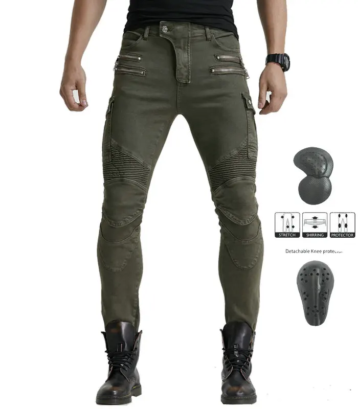 Army green Мужские мотоциклетные стильные джинсы для езды, байкерские Узкие повседневные штаны с протектором, городской стиль Карго, джинсы с несколькими карманами - Цвет: Army green
