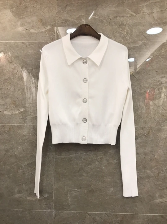 

2019 Early Autumn New Ladies'Turn-collar Buttons Decorative Long-sleeved Pure-color Open-top Knitted Shirt 830
