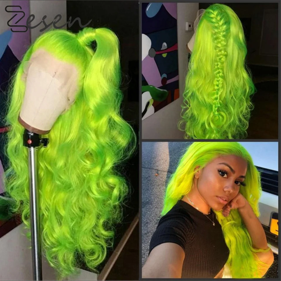 Zesen-peluca con malla frontal para mujer y niña, pelo sintético de 13x4 pulgadas, fibra resistente al calor, color verde claro y Natural