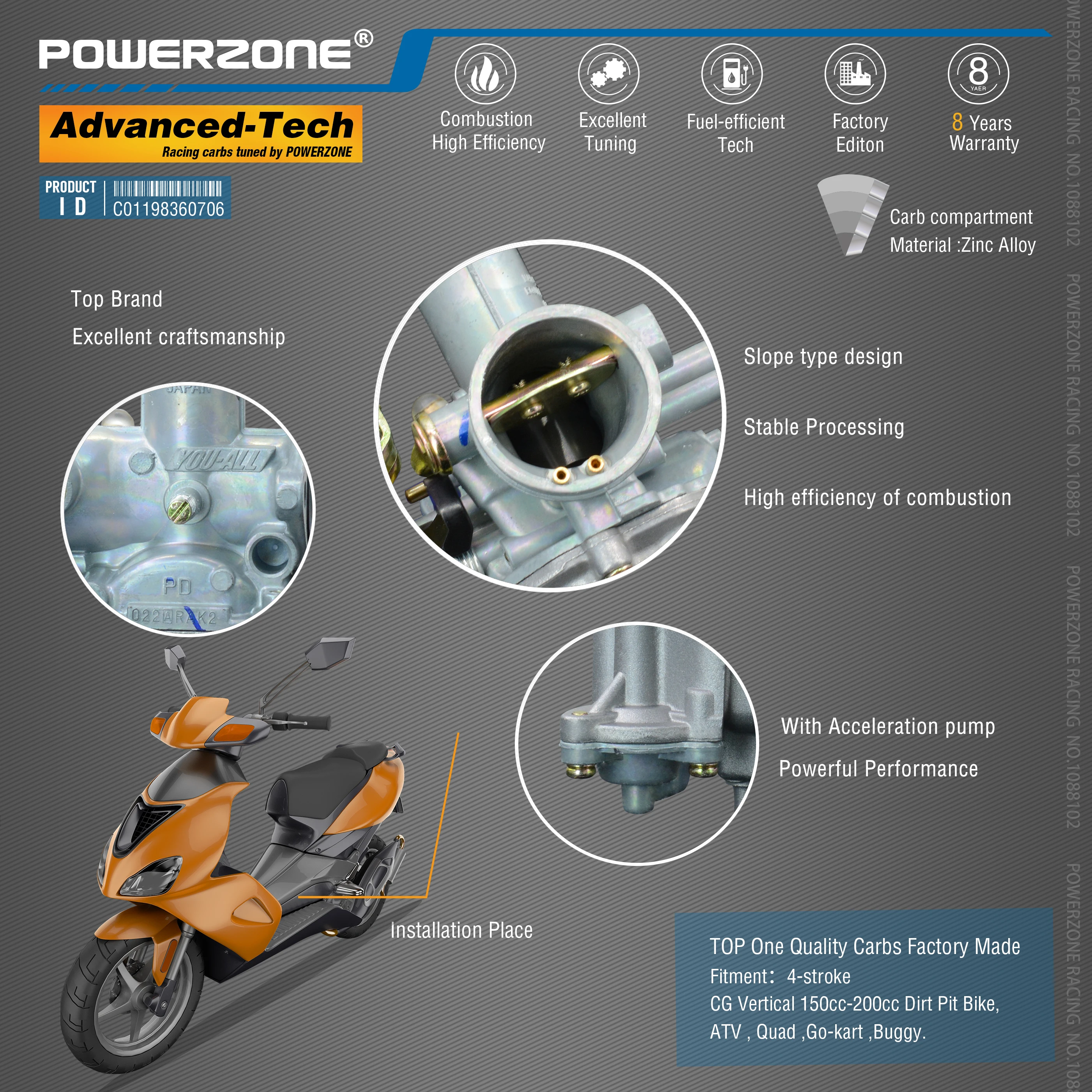 Powerzone карбюратор PZ27B 27 мм CVK Ускорительный Насос Carb для CG вертикальный 150cc-200cc велосипед грязи, ATV, Quad, Go-kart, багги
