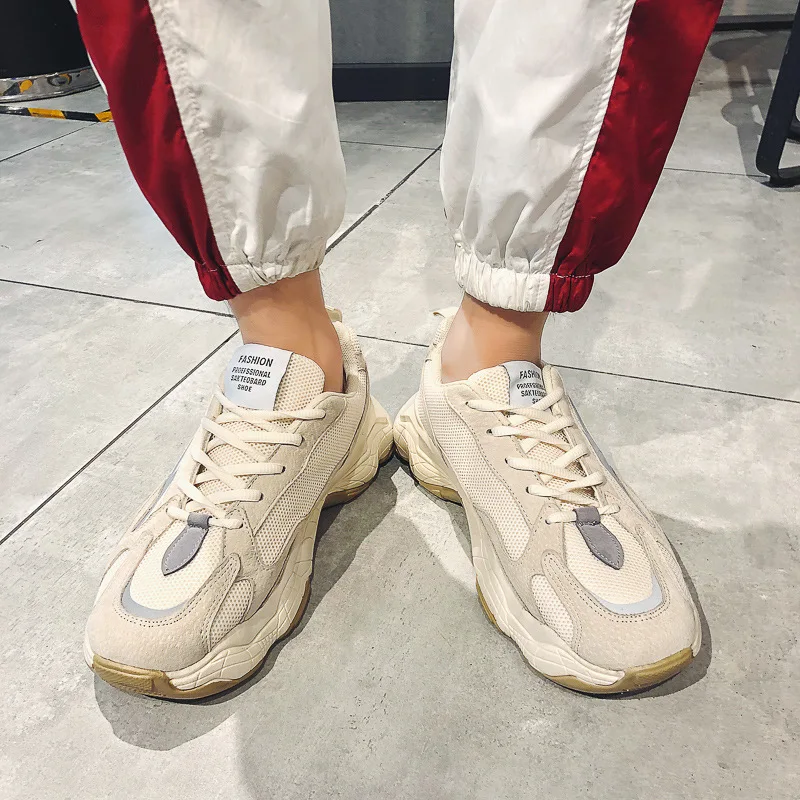 beige Новинка; обувь для папы; удобная Черная Мужская обувь для отдыха; мужские кроссовки на массивном каблуке; Качественная кожаная сетчатая мужская повседневная обувь в стиле пэчворк - Цвет: beige