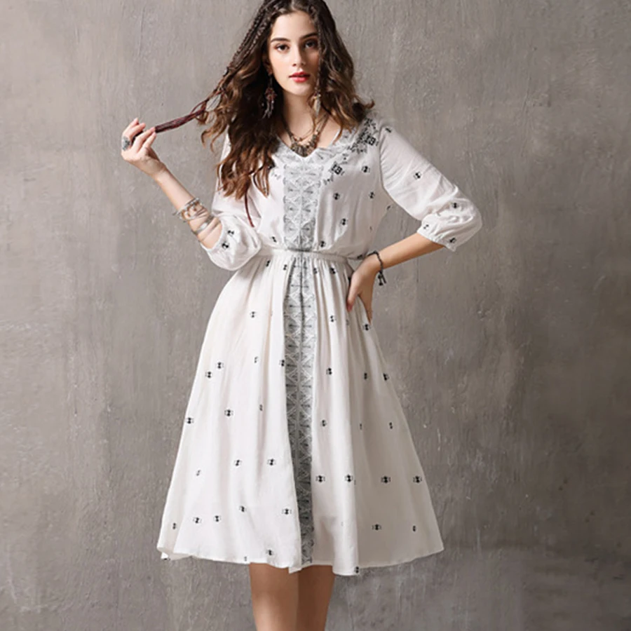 TEELYNN boho Длинные платья бежевое хлопковое этническое осеннее платье средней длины с v-образным вырезом и эластичной талией цыганские женские платья vestidos