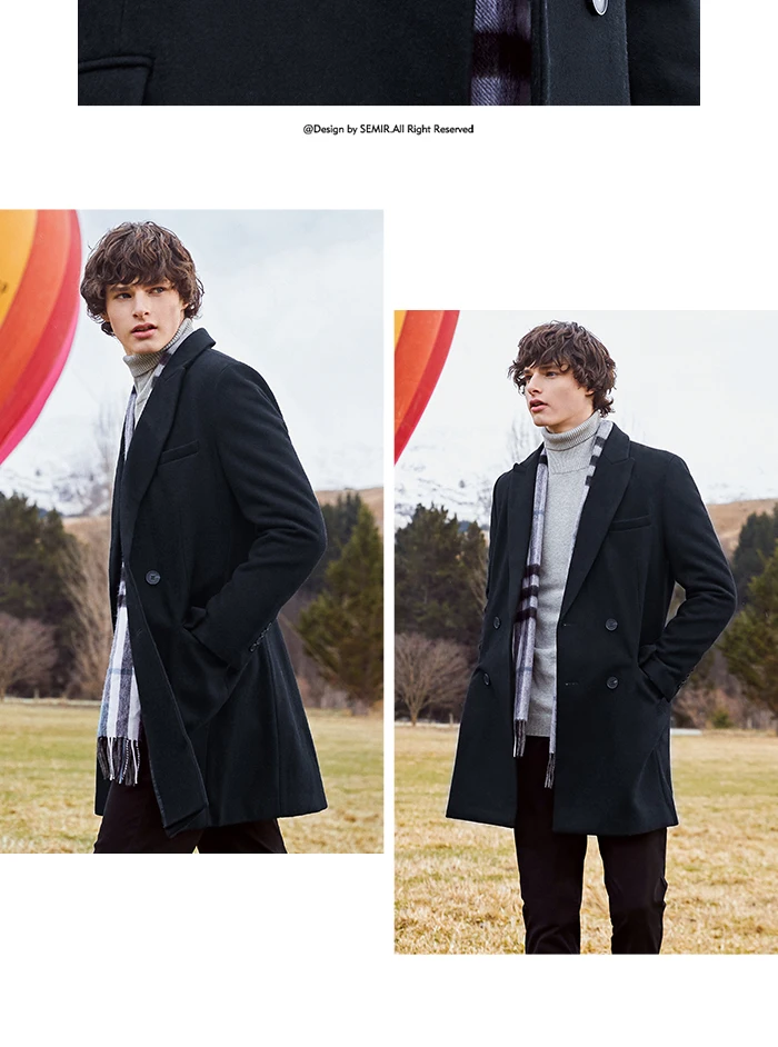 Semir шерстяное пальто мужской Тренч зимнее модное длинное шерстяное пальто мужской корейской версии черное двубортное пальто