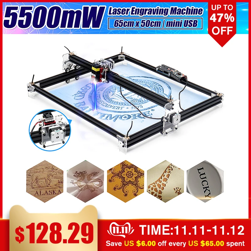 12V Mini 5500mW 65*55cm Blue CNC Laser Engraving Machine 2Axis DIY Home Engraver Desktop Wood Router/Cutter/Printer Machine Tool