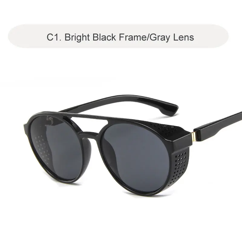 C1 Bright Black Готические круглые солнцезащитные очки в стиле стимпанк мужские ретро-очки круглые паровые панк Солнцезащитные очки Брендовые дизайнерские винтажные модные очки Oculos - Цвет линз: C1 Bright Black