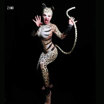 

Leopard Pattern Cat Role Performance Masked Jumpsuits Halloween Cosplay Women Costume Bar club Party Elastic Stage Wear dance