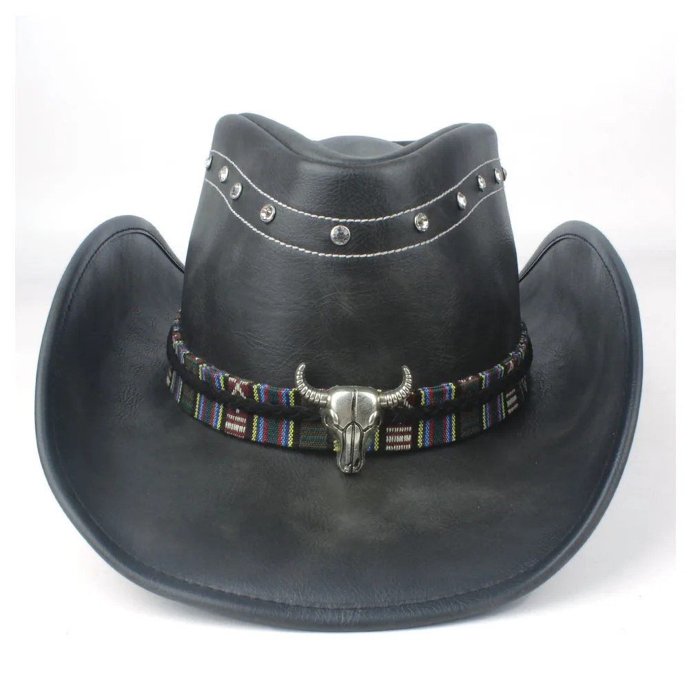 Мужская и Женская Западная ковбойская шляпа Кожа Черная Широкая шляпа наружная производительность Женская ковбойская шляпа - Цвет: Black