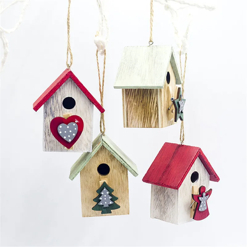 

Wooden Painted Christmas Little House Hanging Pendants Wood Xmas Tree Ornaments Cabin Pendant Desktop Decoration