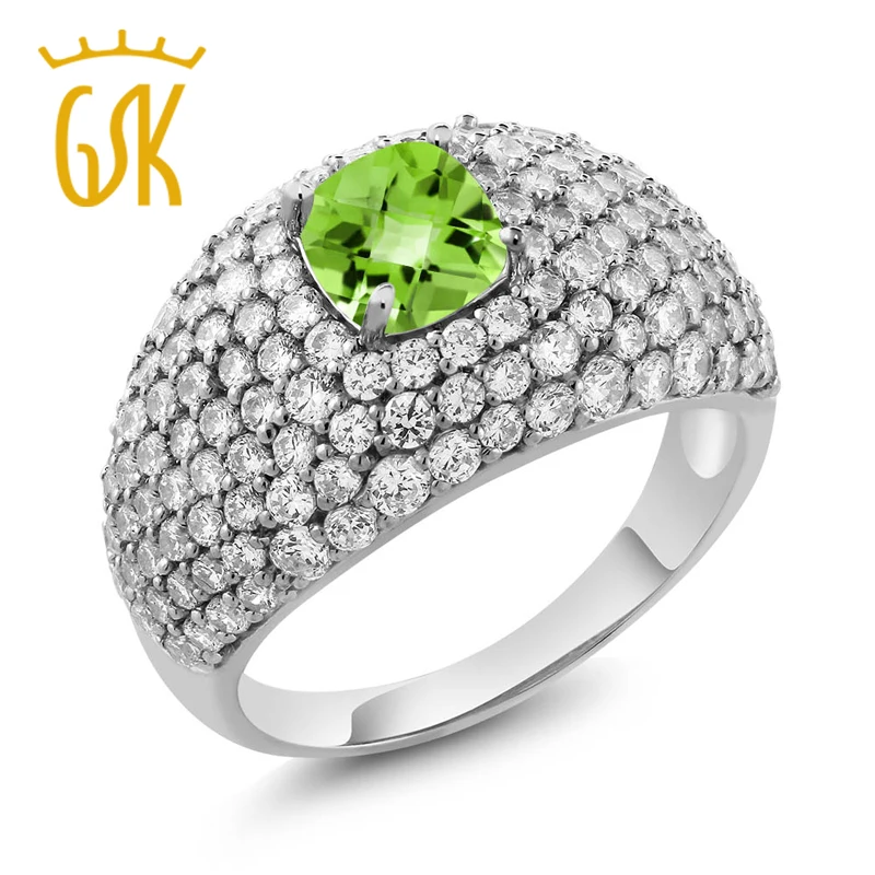 4,36 Ct подушка шахматная доска Зеленый Перидот 925 пробы Серебряное кольцо
