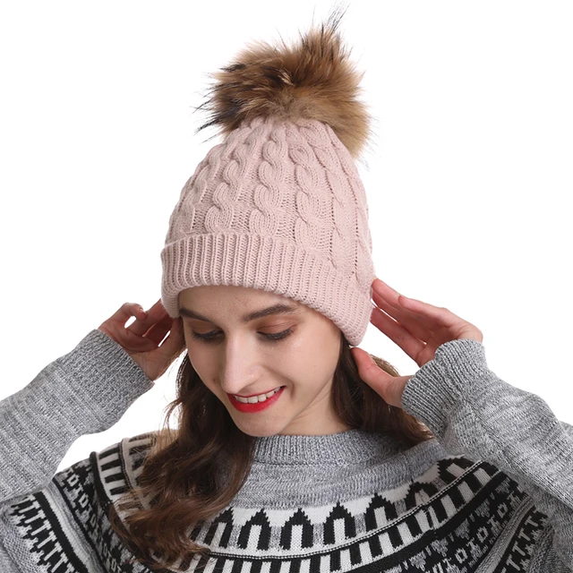 Bonnet tricoté avec pompon en laine pour mère et fille, bonnet d'hiver en  fausse fourrure avec Crochet, pour la famille - AliExpress