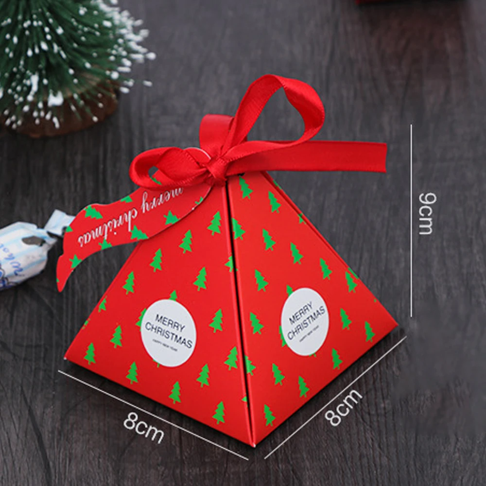 10 PCS/Set Merry Christmas Candy Box Christmas Tree Candy Cookie Baking Bag Box 8*8*9cm With Ribbon Paper Box Gift Box 3 Colors