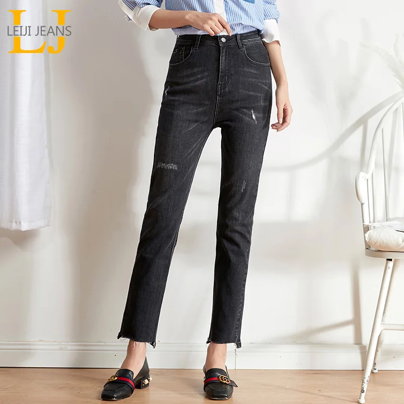 Женские свободные джинсы LEIJIJEANS черные прямые джинсовые брюки с потертостями и